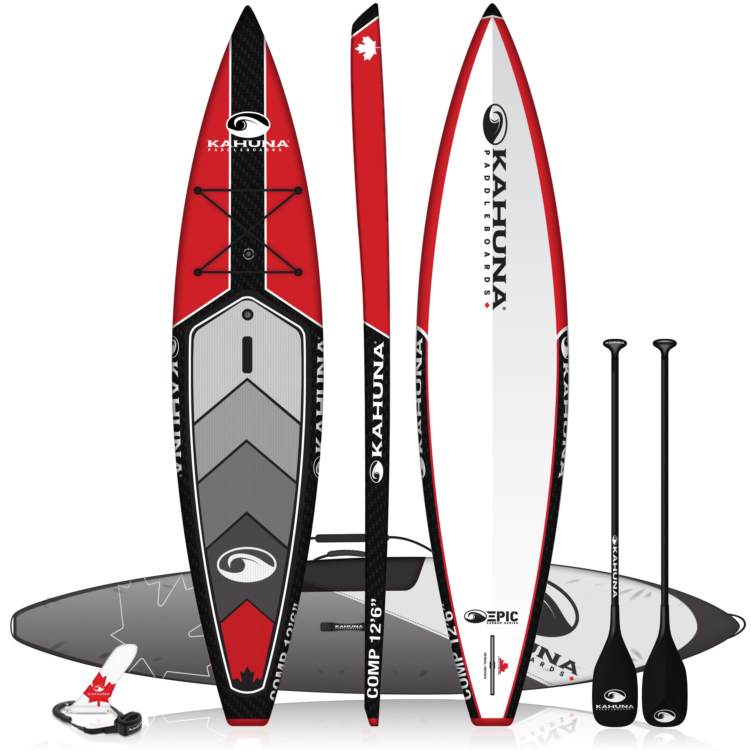 Red 12'6 racing and touring paddle board with white stripes